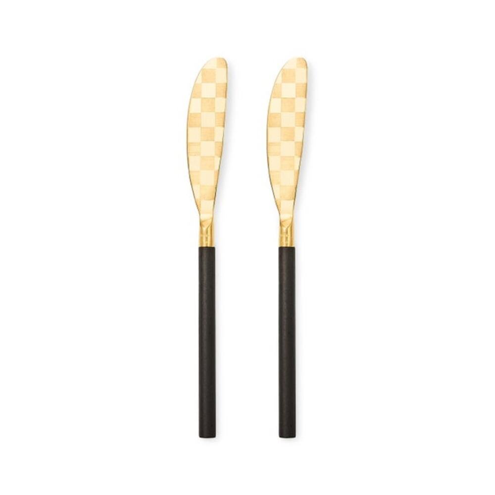 NEW Mackenzie-Childs Black Spreader Set of 2 Black & Gold Checked